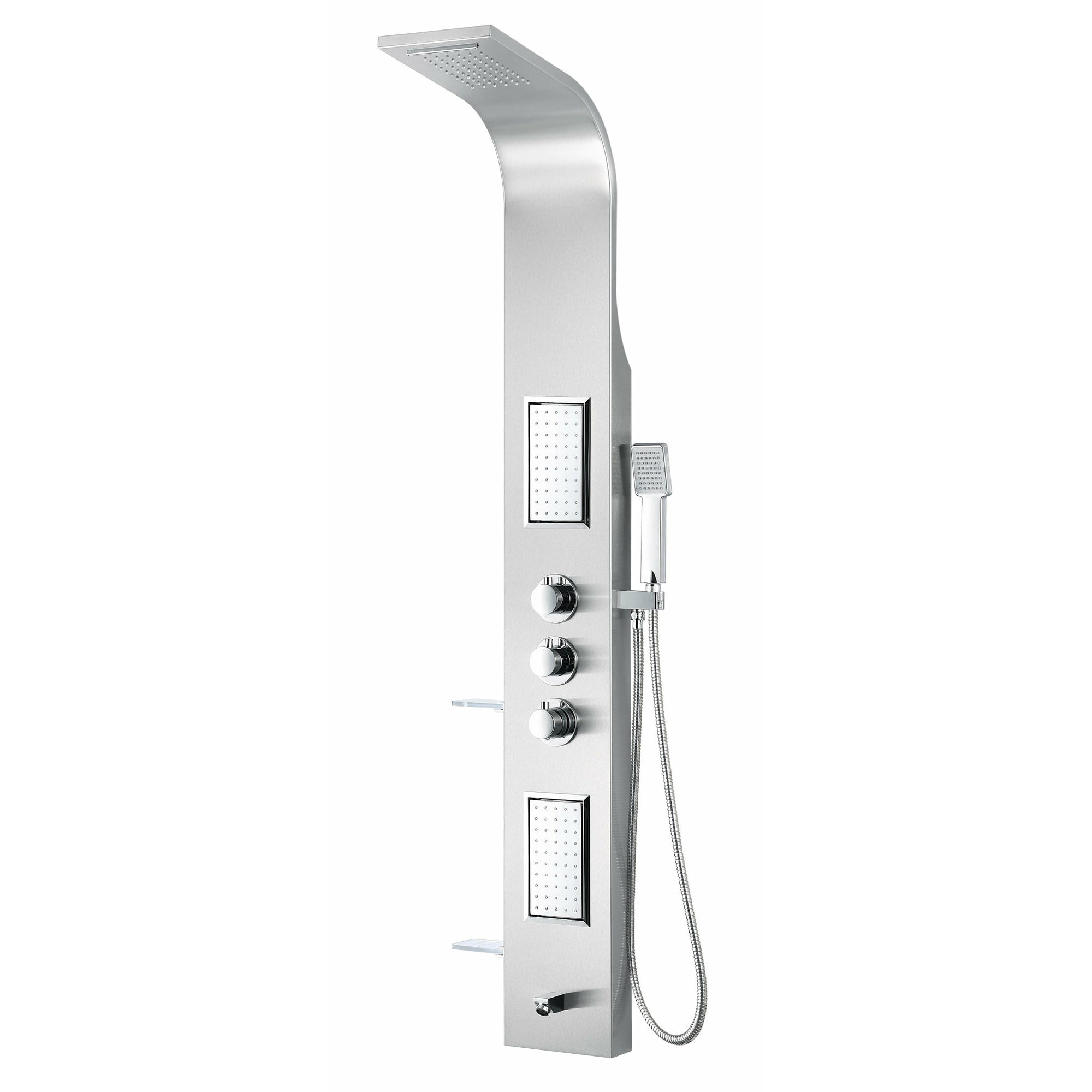 Anzzi Field 58 Inch Full Body Shower Panel with Heavy Rain Shower Head with Cascading Waterfall, Three Shower Control Knobs, Two Acu-stream Vector Massage Body Jet Sets and One Euro-grip Free Range Hand Sprayer in Brushed Steel - Dual Level Deco-Glass Shampoo Shelves - SP-AZ042 - Vital Hydrotherapy