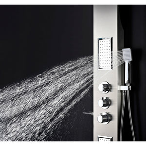 Anzzi Field 58 Inch Full Body Shower Panel with Three Shower Control Knobs, Two Acu-stream Vector Massage Body Jet Sets and One Euro-grip Free Range Hand Sprayer in Brushed Steel - Dual Level Deco-Glass Shampoo Shelves - SP-AZ042 - Vital Hydrotherapy