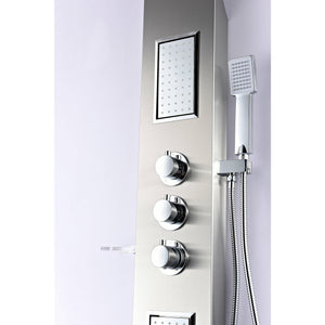 Anzzi Field 58 Inch Full Body Shower Panel with Three Shower Control Knobs, Acu-stream Vector Massage Body Jet Sets and One Euro-grip Free Range Hand Sprayer in Brushed Steel - Dual Level Deco-Glass Shampoo Shelves - SP-AZ042 - Vital Hydrotherapy