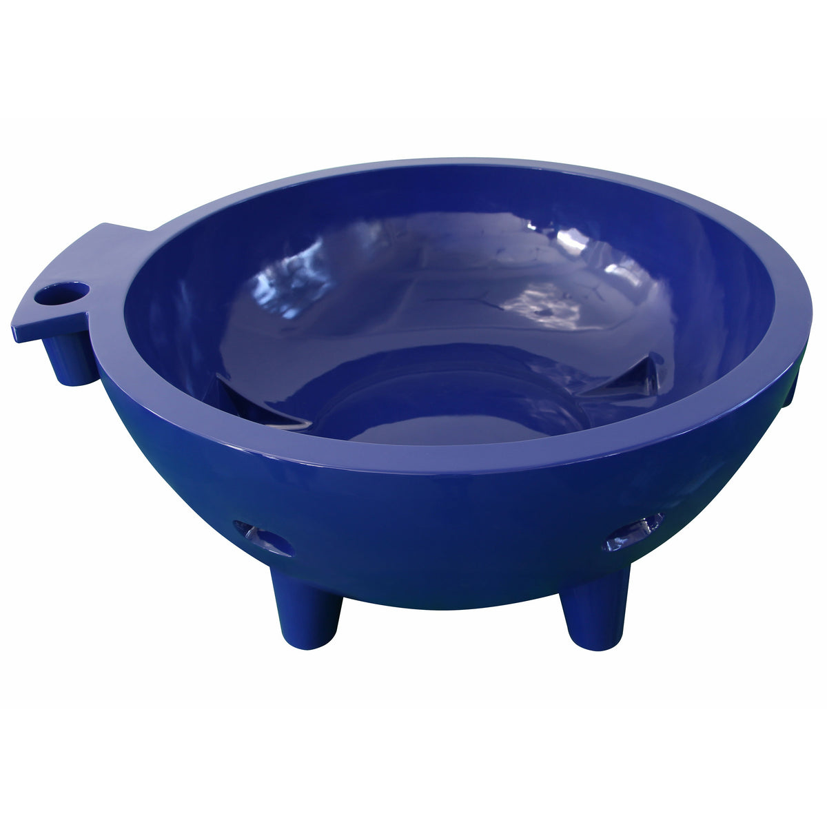 Dark blue ALFI FireHotTub The Round Fire Burning Portable Outdoor Hot Bath Tub made of acrylic and reinforced with a fiberglass core, Flat feet and ledge in a white background