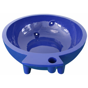 Dark blue ALFI FireHotTub The Round Fire Burning Portable Outdoor Hot Bath Tub made of acrylic and reinforced with a fiberglass core, Flat feet and ledge in a white background