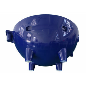 Dark blue ALFI FireHotTub The Round Fire Burning Portable Outdoor Hot Bath Tub made of acrylic and reinforced with a fiberglass core, Flat feet and ledge in a white background back bottom view