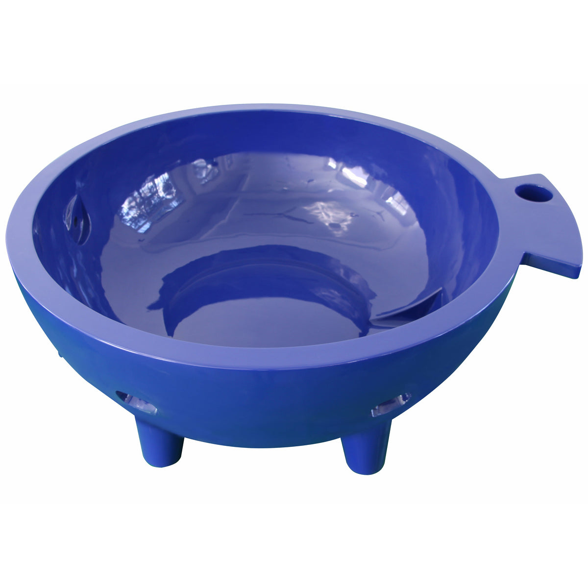 Dark blue ALFI FireHotTub The Round Fire Burning Portable Outdoor Hot Bath Tub made of acrylic and reinforced with a fiberglass core, Flat feet and ledge in a white background