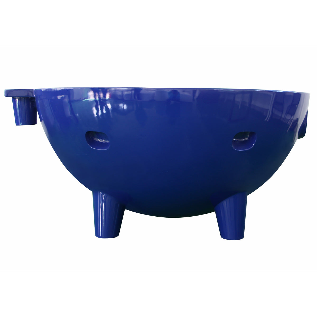 Dark blue ALFI FireHotTub The Round Fire Burning Portable Outdoor Hot Bath Tub made of acrylic and reinforced with a fiberglass core, Flat feet and ledge in a white background