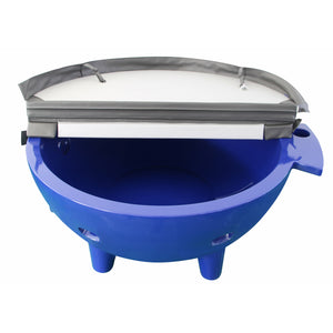 Dark blue ALFI FireHotTub The Round Fire Burning Portable Outdoor Hot Bath Tub made of acrylic and reinforced with a fiberglass core, Flat feet, ledge and tub cover in a white background