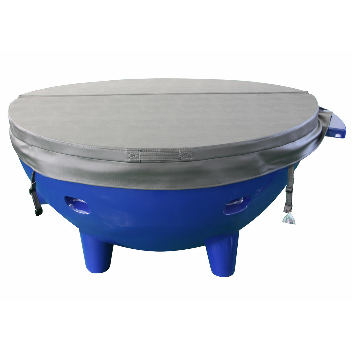 Dark blue ALFI FireHotTub The Round Fire Burning Portable Outdoor Hot Bath Tub made of acrylic and reinforced with a fiberglass core, Flat feet, ledge and tub cover in a white background