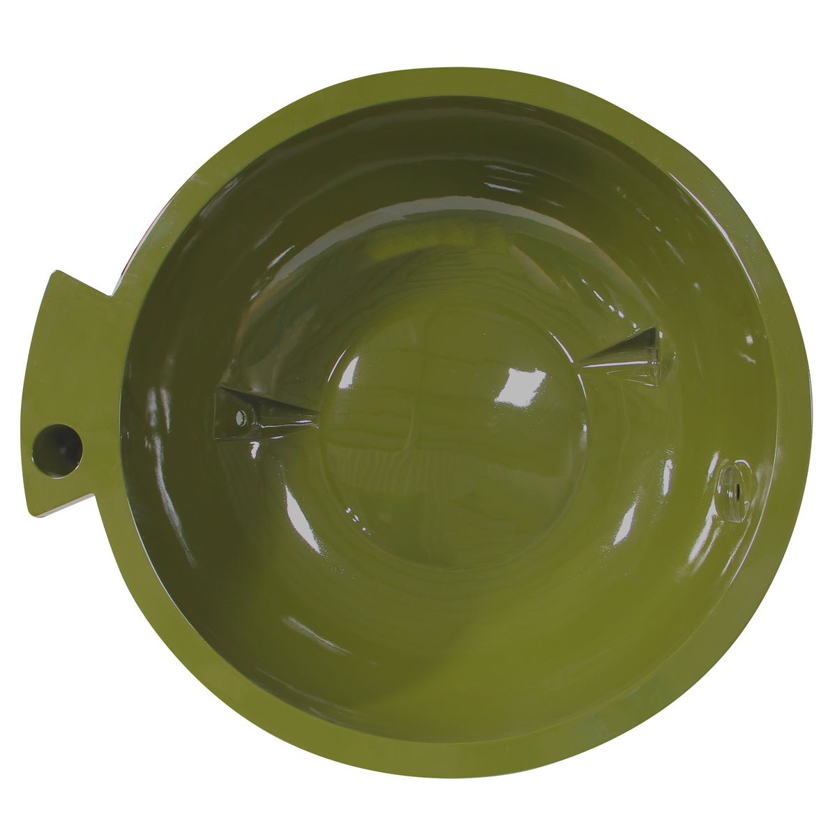 Olive green ALFI FireHotTub The Round Fire Burning Portable Outdoor Hot Bath Tub made of acrylic and reinforced with a fiberglass core, Flat feet and ledge in a white background, top view
