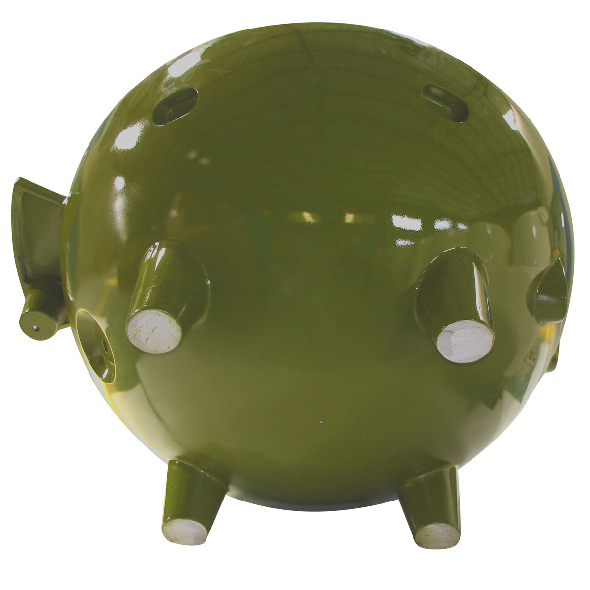 Olive green ALFI FireHotTub The Round Fire Burning Portable Outdoor Hot Bath Tub made of acrylic and reinforced with a fiberglass core, Flat feet and ledge in a white background, bottom view