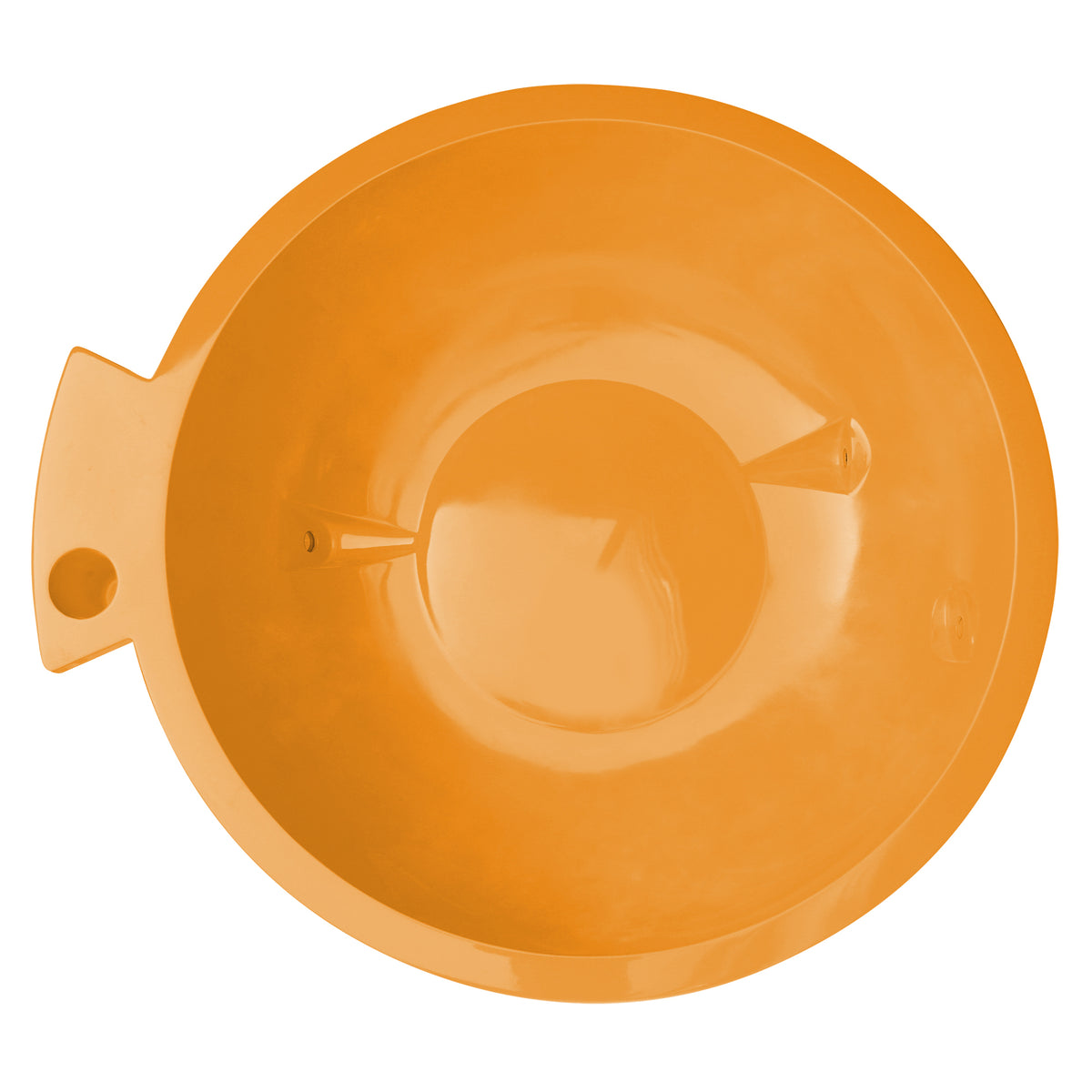 Orange ALFI FireHotTub The Round Fire Burning Portable Outdoor Hot Bath Tub made of acrylic and reinforced with a fiberglass core, Flat feet and ledge in a white background, top view