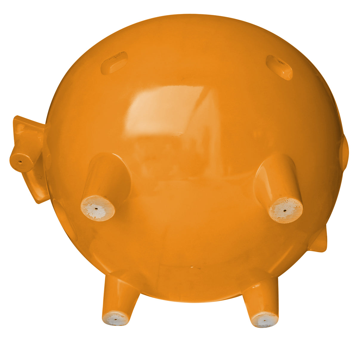 Orange ALFI FireHotTub The Round Fire Burning Portable Outdoor Hot Bath Tub made of acrylic and reinforced with a fiberglass core, Flat feet and ledge in a white background, bottom view