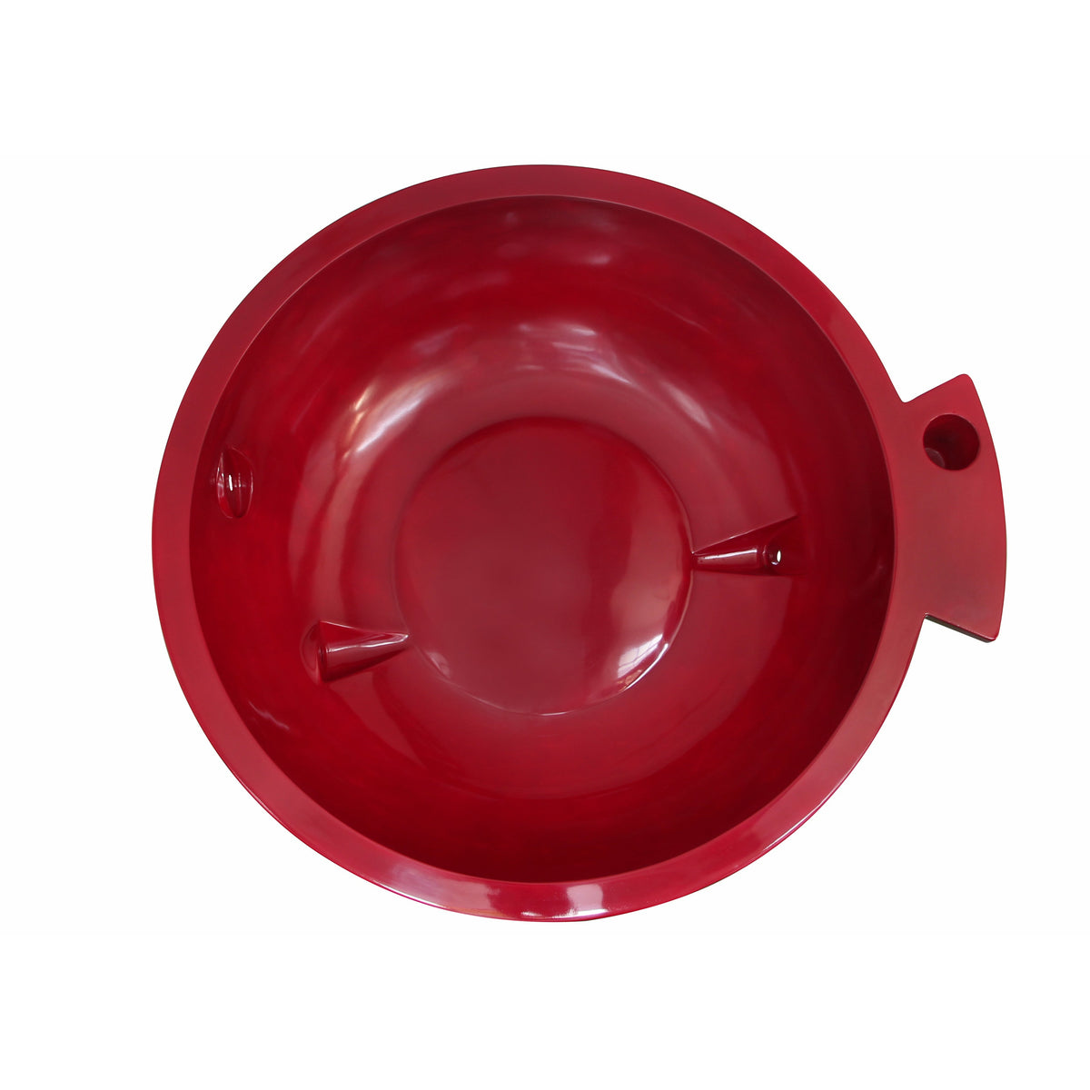 Red wine ALFI FireHotTub The Round Fire Burning Portable Outdoor Hot Bath Tub made of acrylic and reinforced with a fiberglass core, Flat feet and ledge in a white background, top view