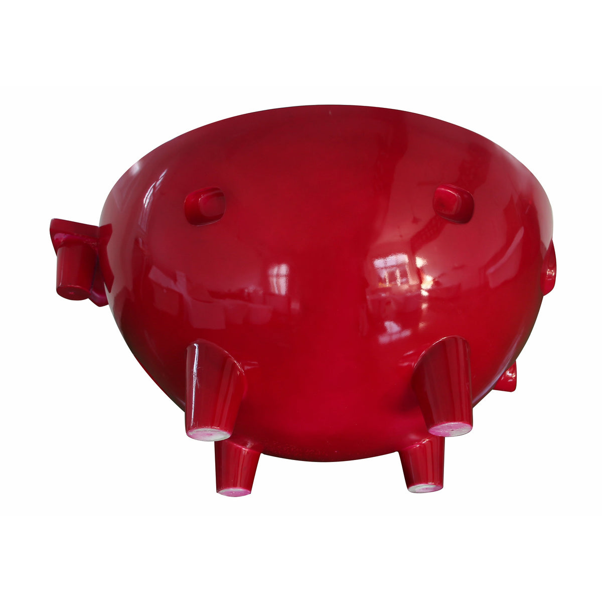 Red wine ALFI FireHotTub The Round Fire Burning Portable Outdoor Hot Bath Tub made of acrylic and reinforced with a fiberglass core, Flat feet and ledge in a white background, bottom view