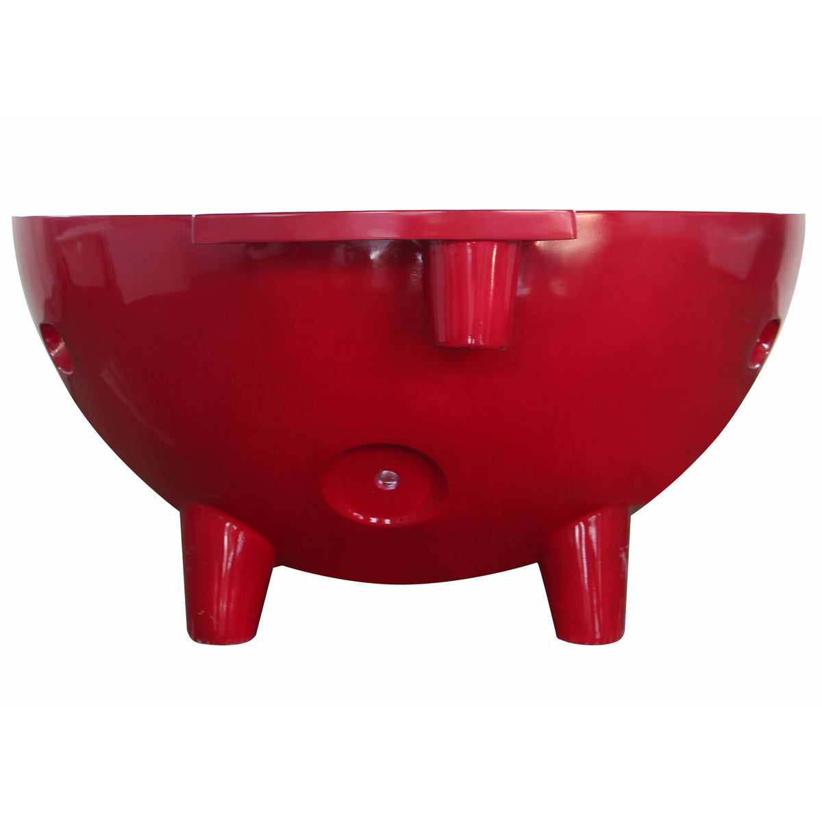 Red wine ALFI FireHotTub The Round Fire Burning Portable Outdoor Hot Bath Tub made of acrylic and reinforced with a fiberglass core, Flat feet and ledge in a white background