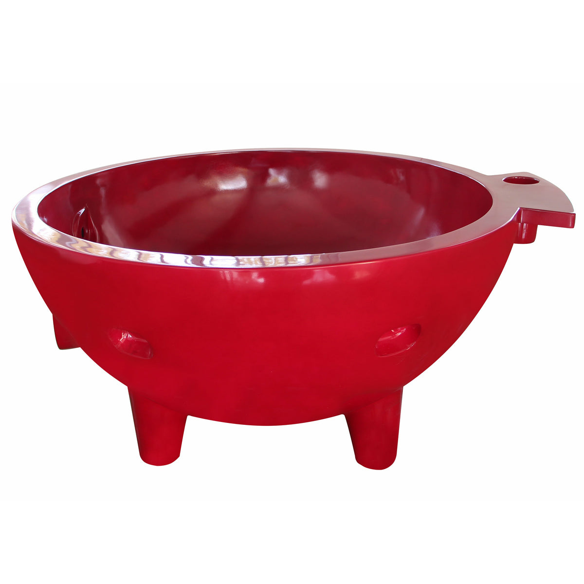 Red wine ALFI FireHotTub The Round Fire Burning Portable Outdoor Hot Bath Tub made of acrylic and reinforced with a fiberglass core, Flat feet and ledge in a white background