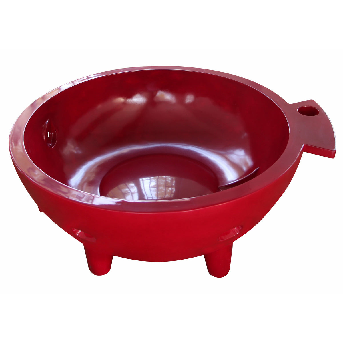 Red wine ALFI FireHotTub The Round Fire Burning Portable Outdoor Hot Bath Tub made of acrylic and reinforced with a fiberglass core, Flat feet and ledge in a white background