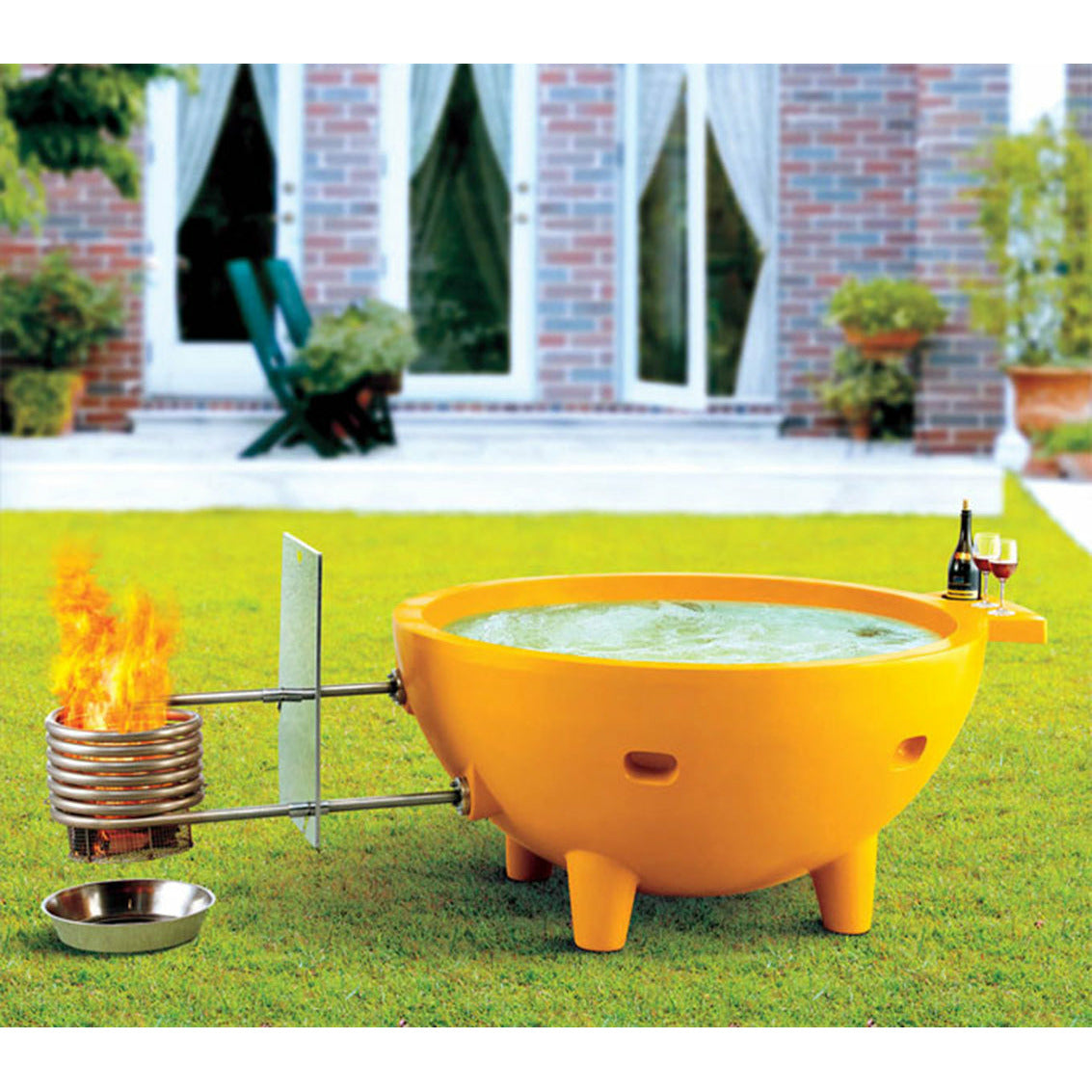 Orange, Red wine, Olive green, Dark blue  ALFI FireHotTub The Round Fire Burning Portable Outdoor Hot Bath Tub made of acrylic and reinforced with a fiberglass core, Flat feet and ledge in a white background