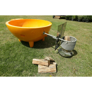 Orange ALFI FireHotTub The Round Fire Burning Portable Outdoor Hot Bath Tub made of acrylic and reinforced with a fiberglass core, Flat feet, stainless steel windscreen panels and ledge in the garden