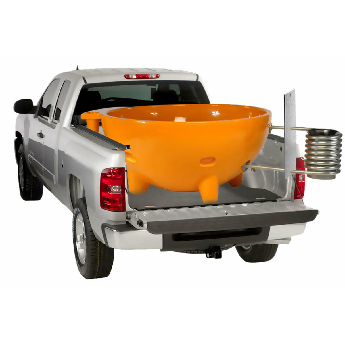 Orange ALFI FireHotTub The Round Fire Burning Portable Outdoor Hot Bath Tub made of acrylic and reinforced with a fiberglass core, Flat feet, stainless steel windscreen panels and ledge on the pick up car in a white background