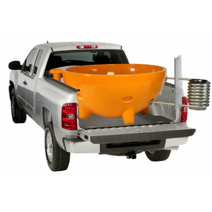 Orange ALFI FireHotTub The Round Fire Burning Portable Outdoor Hot Bath Tub made of acrylic and reinforced with a fiberglass core, Flat feet, stainless steel windscreen panels and ledge on the pick up car in a white background
