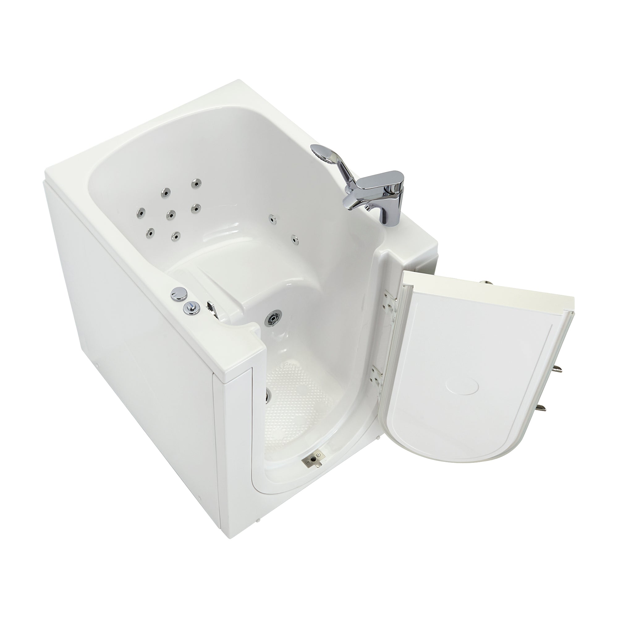 Ella Front Entry 32"x40" Acrylic Hydro Massage Walk-In Bathtub with Outward Swing Door Left, Fast Fill Faucet, 2" Drain in a white background