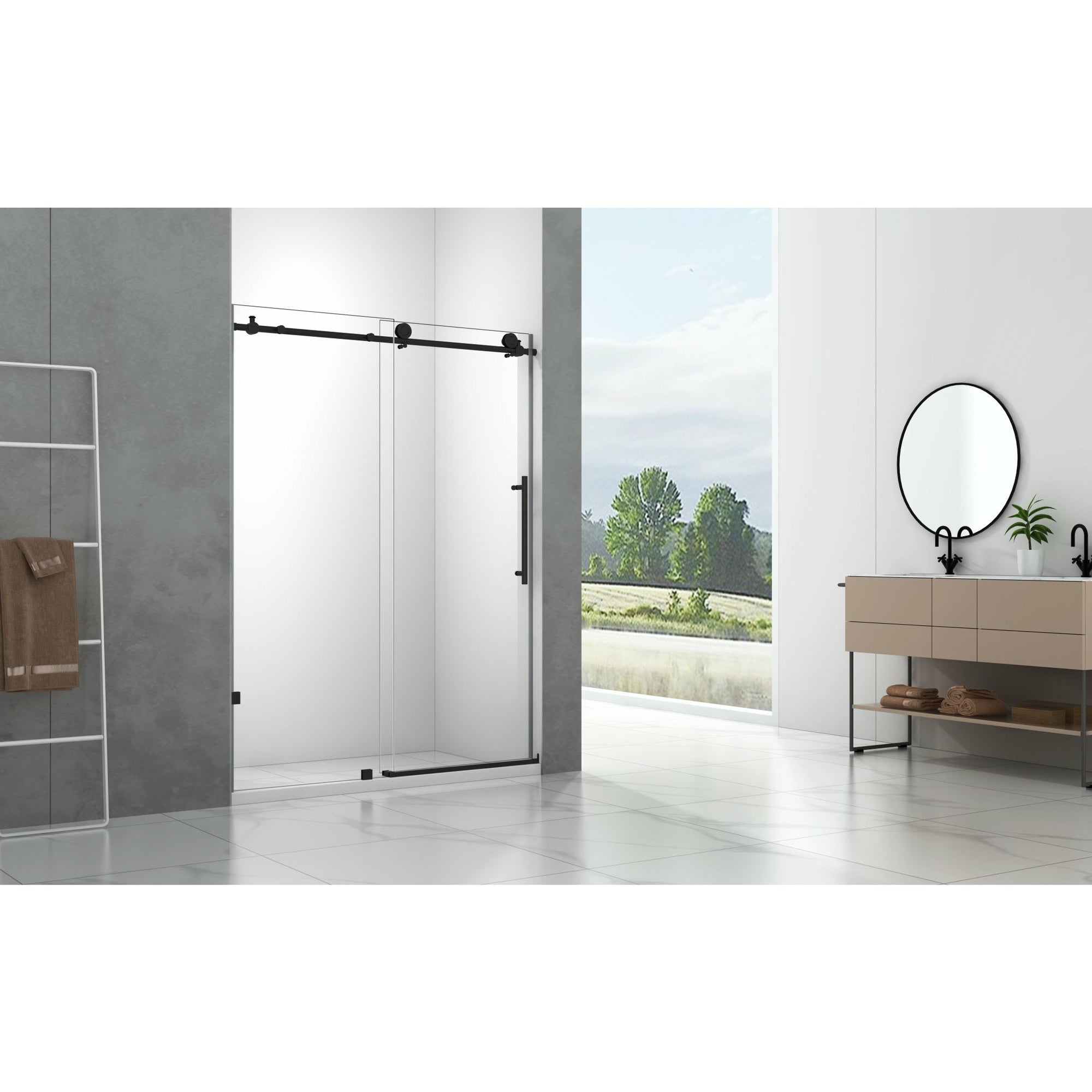 Legion Furniture 61" - 65" Single Sliding Frameless Glass Shower Door Set GD9061-65 - Glass Type: Clear - Stainless Steel Construction - Black - Steel Rollers Closing - Overall size: 65″ W x 75″ H - Lifestyle Setting - GD9061-65 - Vital Hydrotherapy