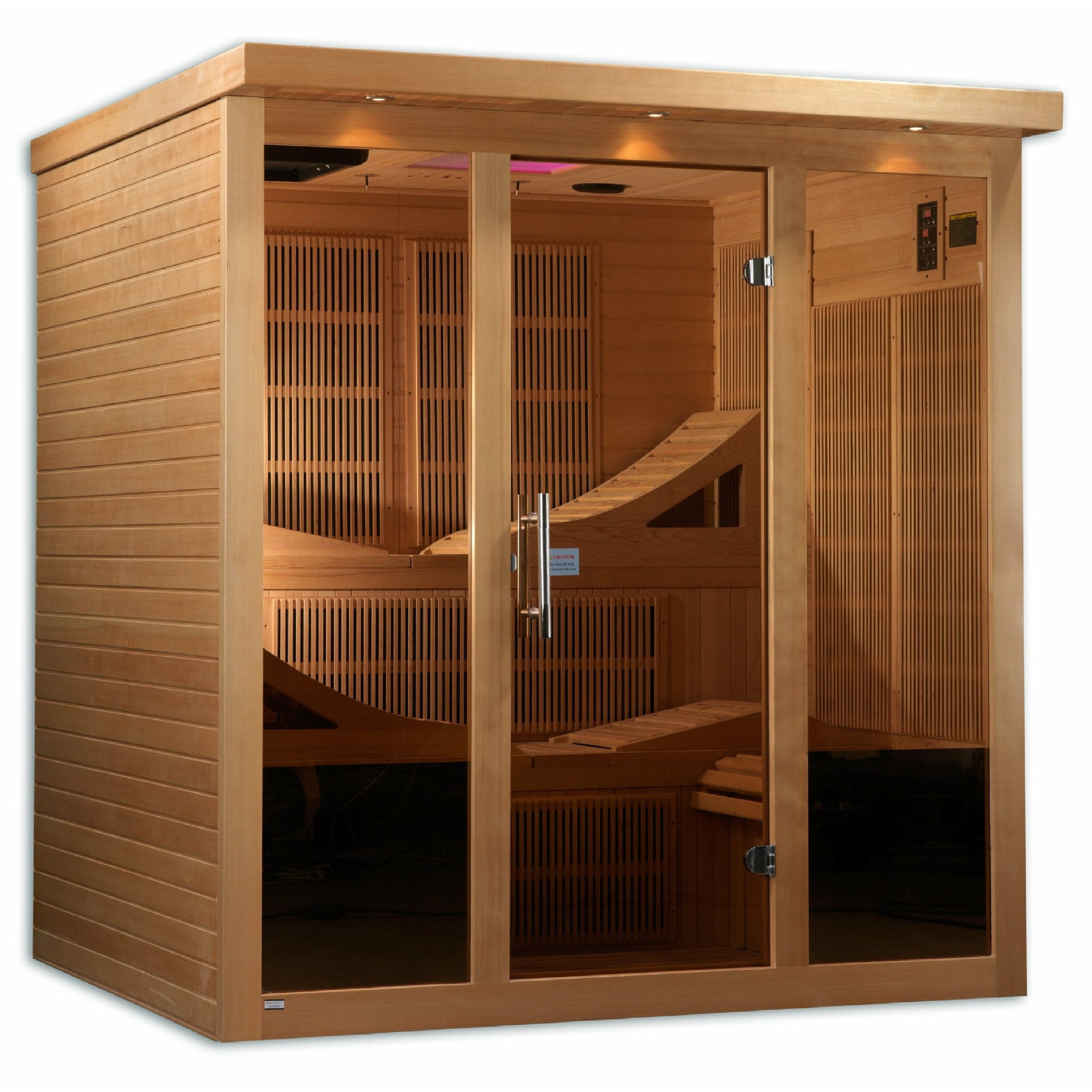 Near Zero EMF Far Infrared Sauna - Natural hemlock wood construction with FM/CD radio with MP3 auxiliary connection, Interior reading/chromotherapy lighting system, Interior and exterior LED control panel, Electrical service, Carbon PureTech™ Near Zero EMF Heat Emitters, Tempered glass door,  Roof vent in a white background