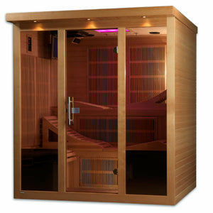 Near Zero EMF Far Infrared Sauna - Natural hemlock wood construction with FM/CD radio with MP3 auxiliary connection, Interior reading/chromotherapy lighting system, Interior and exterior LED control panel, Electrical service, Carbon PureTech™ Near Zero EMF Heat Emitters, Tempered glass door,  Roof vent in a white background