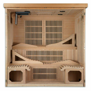 Near Zero EMF Far Infrared Sauna - Natural hemlock wood construction with FM/CD radio with MP3 auxiliary connection, Interior reading/chromotherapy lighting system, Interior and exterior LED control panel, Electrical service, Carbon PureTech™ Near Zero EMF Heat Emitters, Tempered glass door,  Roof vent in a white background top view