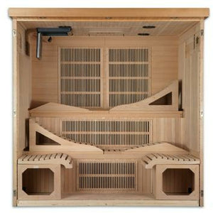 Infrared Sauna 6 person Natural hemlock wood construction Roof vent  inside partial build view in a white background