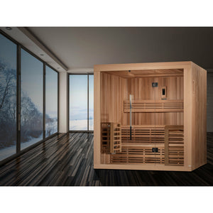 Osla Edition 6 Person Traditional Steam Sauna with Interior ceiling galaxy star color therapy lighting system, Interior backrest, Touch Screen Control Panel with built-in FM Radio and Bluetooth Connection,  Built-in Performance Speakers, 2 stationary front tempered glass panels with glass door, Sand-glass timer, thermometer, bucket, and scoop, Stainless steel hinge and handle