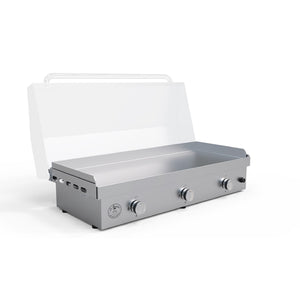 Le Griddle-3 Burner gas - 304 Stainless Steel Construction, Removable grease tray, stainless steel griddle with cast iron sub-plate, Patented griddle plate and safety valve with thermocouple in a white background - open - isometric view