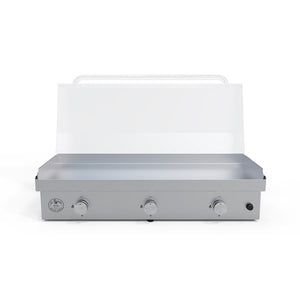 Le Griddle-3 Burner gas - 304 Stainless Steel Construction, Removable grease tray, stainless steel griddle with cast iron sub-plate, Patented griddle plate and safety valve with thermocouple in a white background - open - front view