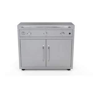 Le Griddle-3 Burner gas - 304 Stainless Steel Construction, Removable grease tray, stainless steel griddle with cast iron sub-plate, Patented griddle plate and safety valve with thermocouple in a white background - close - on the stainless steel housing in a white background front view