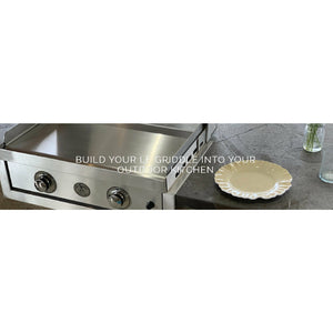 Le Griddle-2 burner gas - Stainless steel, Removable stainless steel griddle plate, Ventilation grill, curved tray with safety valve and thermocouple - open - in the outdoor kitchen