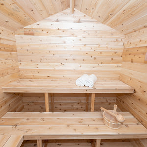 Dundalk Canadian Timber Georgian Cabin Sauna CTC88W - Eastern White Cedar - with Solid Cedar Wood Benches, bucket & ladle, two white towels - Inside view