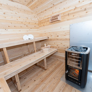 Dundalk Canadian Timber Georgian Cabin Sauna CTC88W - Eastern White Cedar - with Solid Cedar Wood Benches, bucket & ladle, harvia heater, two white towels - Inside view