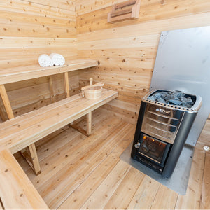 Dundalk Canadian Timber Georgian Cabin Sauna CTC88W - Eastern White Cedar - with Solid Cedar Wood Benches, bucket & ladle, harvia heater, cedar bottle shelf, two white towels - Inside view
