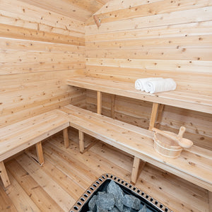 Dundalk Canadian Timber Georgian Cabin Sauna CTC88W - Eastern White Cedar - with Solid Cedar Wood Benches, bucket & ladle, harvia heater, vent kit, two white towels - Inside view