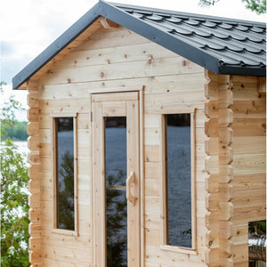 Dundalk Canadian Timber Georgian Cabin Sauna CTC88W - Eastern White Cedar with bronze tempered glass with wooden frame door and windows  - Outdoor setting - close up view