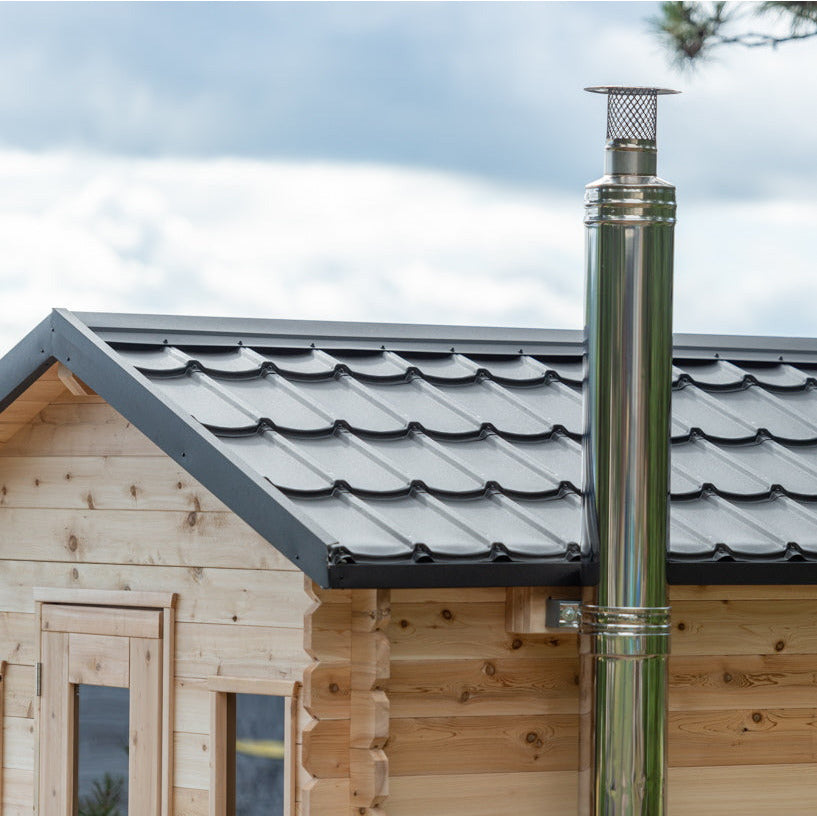 Dundalk Canadian Timber Georgian Cabin Sauna CTC88W - Eastern White Cedar with Harvia Chimney & Heat Shield set on side wall sauna