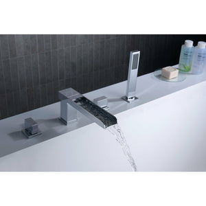 Anzzi Glymur 2-handle Deck-mount Roman Tub Faucet in Chrome - Waterfall Spout - Chrome Finish Housing a Solid Brass Interior - Extendable Euro-grip Handheld Sprayer - Dual Handle, Widespread Deck Mounted Roman Faucet - FR-AZ039CH - Lifestyle - Vital Hydrotherapy