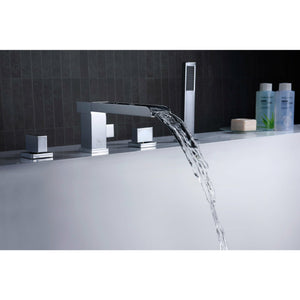 Anzzi Glymur 2-handle Deck-mount Roman Tub Faucet in Chrome - Waterfall Spout - Chrome Finish Housing a Solid Brass Interior - Extendable Euro-grip Handheld Sprayer - Dual Handle, Widespread Deck Mounted Roman Faucet - FR-AZ039CH - Lifestyle - Vital Hydrotherapy