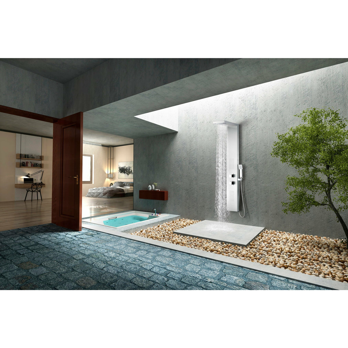 Anzzi Govenor 64 Inch Full Body Shower Panel with Heavy Rain Shower Head with Cascading Waterfall, Two Directional Acu-stream Body Jets, Two Shower Control Knobs and Euro-grip Free Range Hand Sprayer in Brushed Steel SP-AZ8093 - Lifestyle - Vital Hydrotherapy