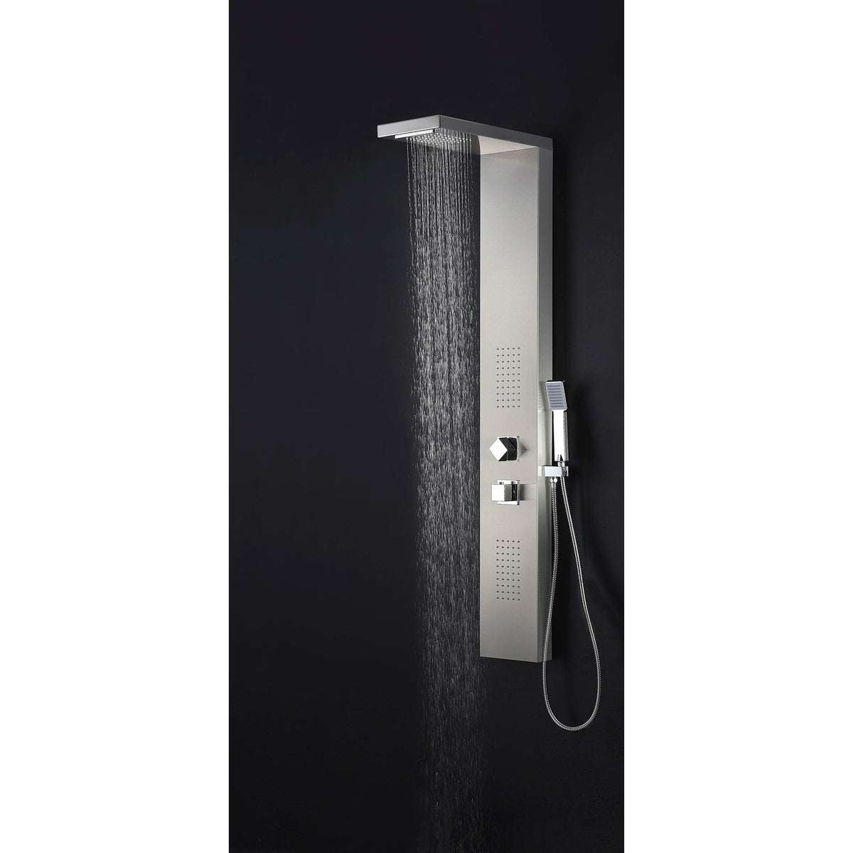 Anzzi Govenor 64 Inch Full Body Shower Panel with Heavy Rain Shower Head with Cascading Waterfall, Two Directional Acu-stream Body Jets, Two Shower Control Knobs and Euro-grip Free Range Hand Sprayer in Brushed Steel SP-AZ8093 - Vital Hydrotherapy