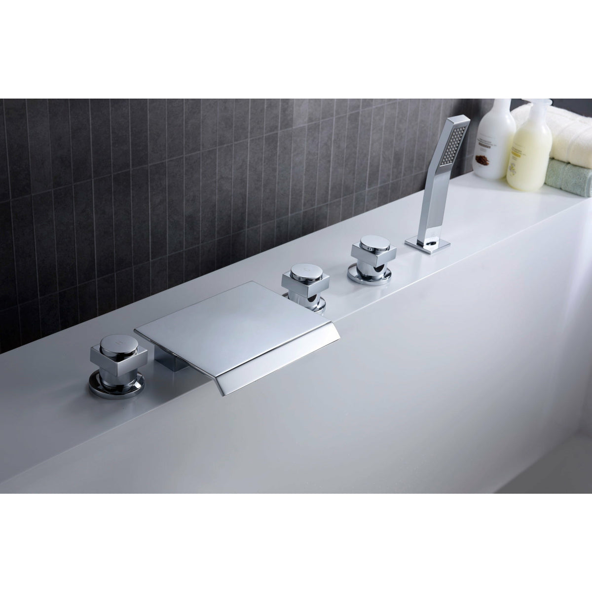 Anzzi Guaira 3-Handle Deck-Mount Roman Tub Faucet in Chrome - Waterfall Spout - Extendable Euro-grip Handheld Sprayer - Chrome Finish Housing a Solid Brass Interior - FR-AZ044CH - Lifestyle - Vital Hydrotherapy