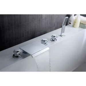 Anzzi Guaira 3-Handle Deck-Mount Roman Tub Faucet in Chrome - Waterfall Spout - Extendable Euro-grip Handheld Sprayer - Chrome Finish Housing a Solid Brass Interior - FR-AZ044CH - Lifestyle - Vital Hydrotherapy