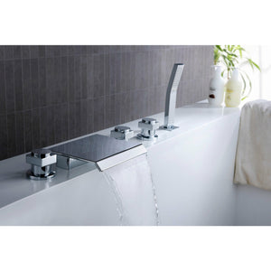 Anzzi Guaira 3-Handle Deck-Mount Roman Tub Faucet in Chrome - Waterfall Spout - Extendable Euro-grip Handheld Sprayer - Chrome Finish Housing a Solid Brass Interior - FR-AZ044CH - Lifestyle - Vital Hydrotherapy