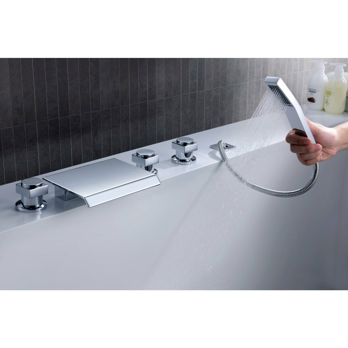 Anzzi Guaira 3-Handle Deck-Mount Roman Tub Faucet in Chrome - Waterfall Spout - Extendable Euro-grip Handheld Sprayer - Chrome Finish Housing a Solid Brass Interior - FR-AZ044CH - Lifestyle - Vital Hydrotherapy