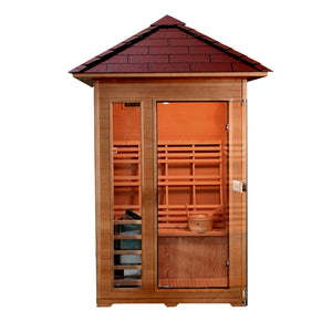 SunRay Bristow 2-person Outdoor Traditional Sauna with Window - Canadian hemlock wood - Peak roof- Glass door - with 4.5 kW Electric Heater, Cask & spoon, Front view - HL200D2 Bristow