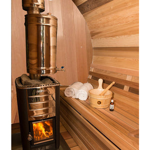 Harvia Sauna Stainless steel Chimney & Heat Shield Set for out the Top BSB214 - Inside setting - with solid benches, bucket & ladle, two white towels, essential oil